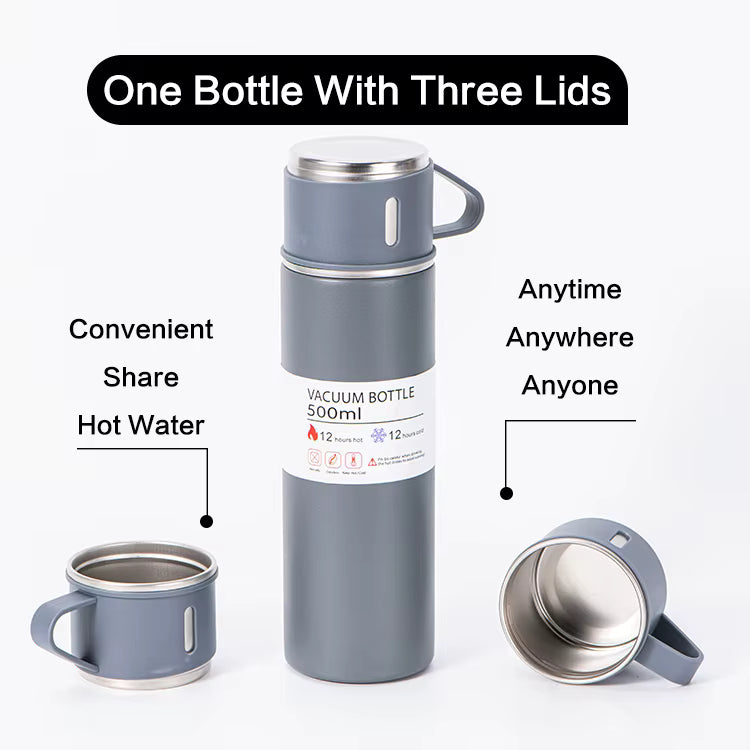 Edelstahl Thermosflasche Geschenk-Set, 500 ml Vakuumflasche, 2 Tassen (Kostenloser Versand)